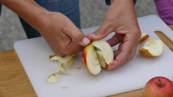 Hände schneiden Apfel