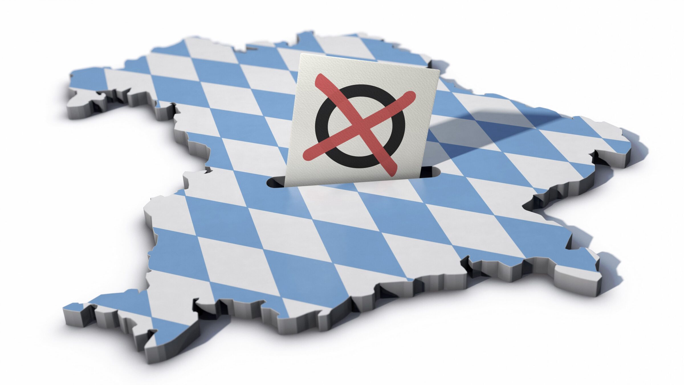 Bayerische Flagge mit einem Wahlkreuz.