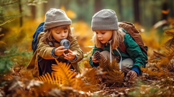 Zwei kleine Kinder entdecken den Wald.