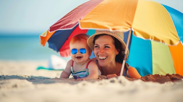 Mutter liegt mit Ihrem Baby unter einem Sonnenschirm im Sand am Strand.